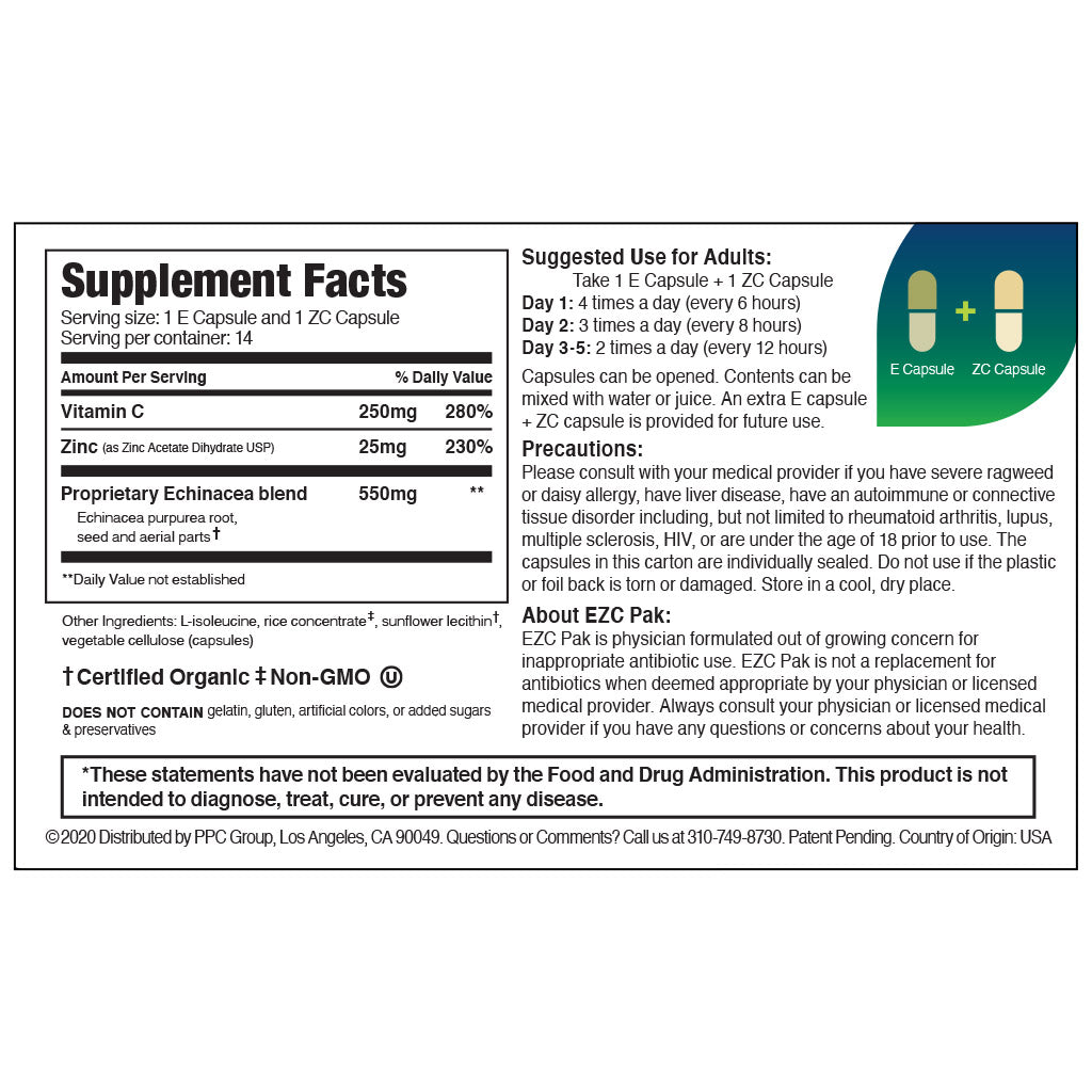 EZCpak 5 day tapered system back of packaging supplement facts