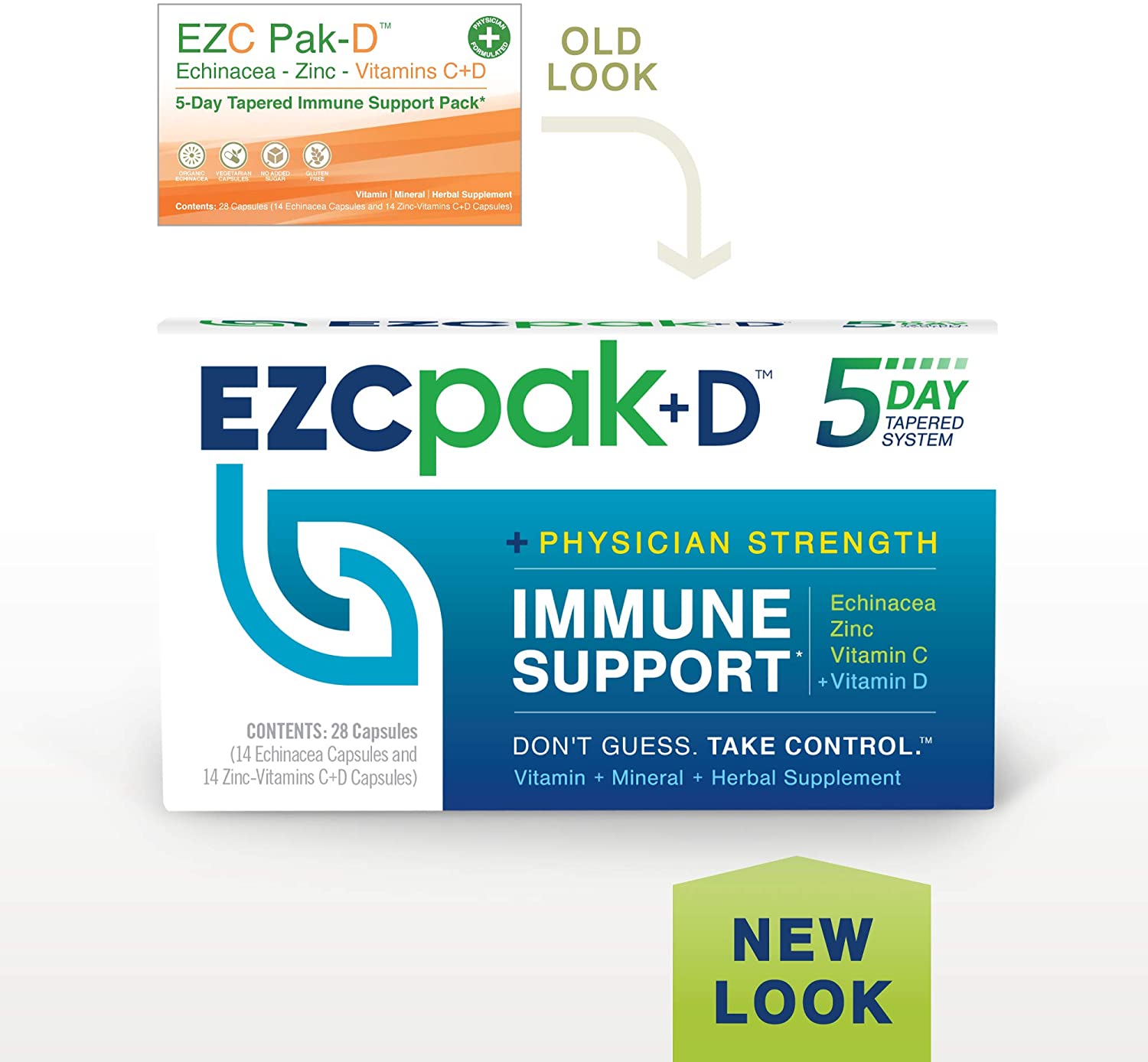EZC Pak+D 5-Day Tapered Immune Support Pack Echinacea Zinc Vitamin C Vitamin D Old packaging versus New packaging