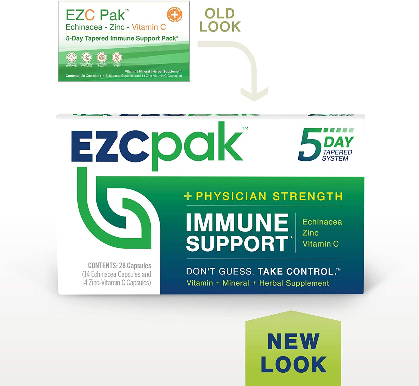 EZC Pak 5-Day Immune Support Pack Physician Strength Echinacea Zinc Vitamin C old packaging versus new packaging